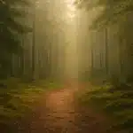 “Hiljainen metsäpolku usvaisessa suomalaisessa metsässä, pehmeä valo ja maanläheinen energia.”