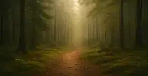“Hiljainen metsäpolku usvaisessa suomalaisessa metsässä, pehmeä valo ja maanläheinen energia.”